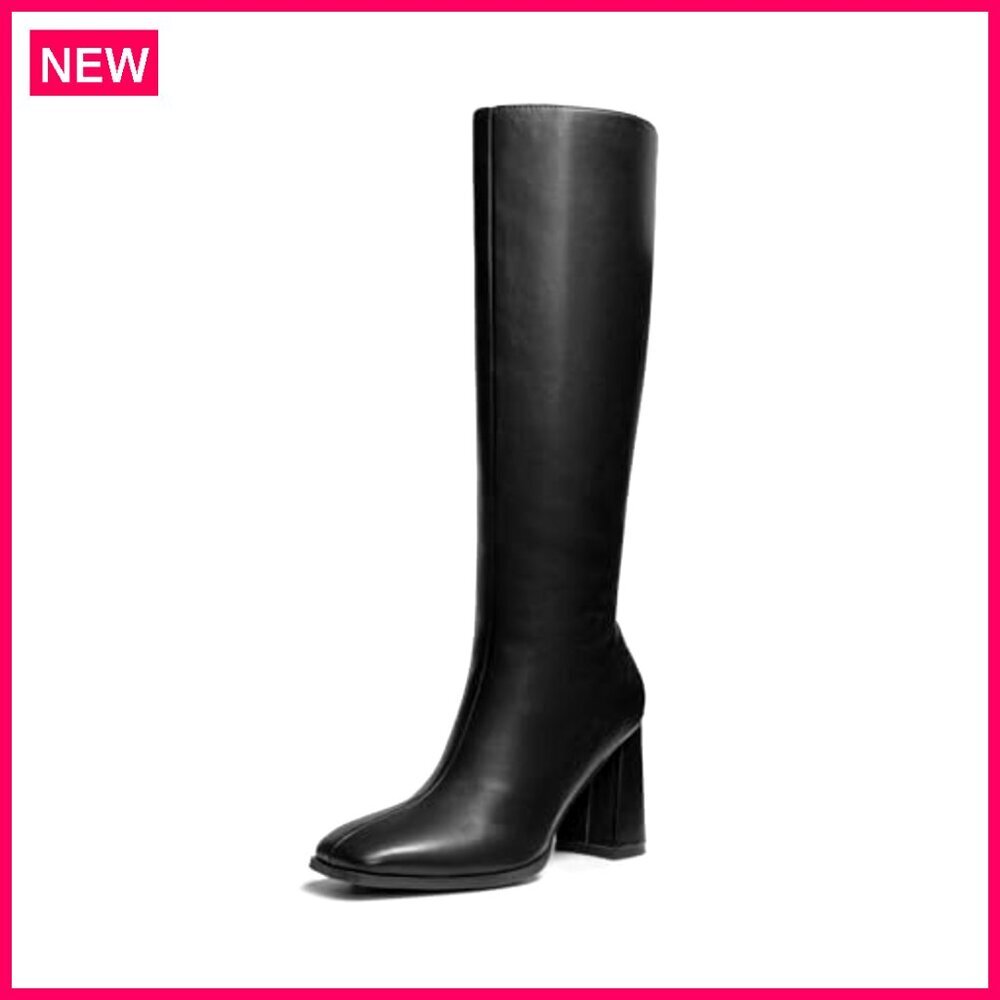 Women's Knee High Boots Square Toe Chunky Heel Side Zipper Tall Boots - Picture 2 of 8